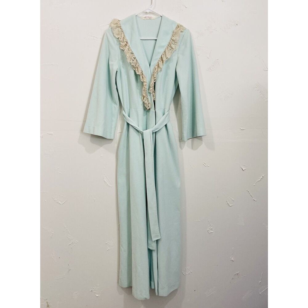 Vintage Vanity Fair Women's Long Lace Blue Green Velour Wrap Robe Size 12 Ruffle - Picture 2 of 9